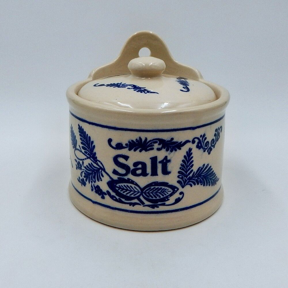Stoneware Blue Onion Wall Salt Cellar Pig Crock Lid Cobalt Hanging Taiwan